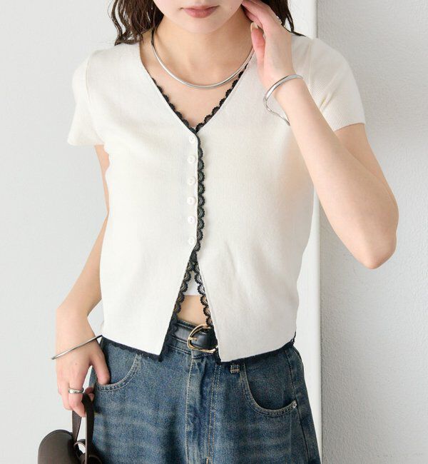  「レースライン半袖ニットカーディガン」|カーディガン|オフホワイト