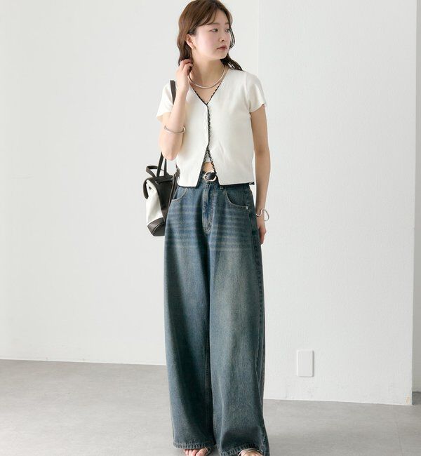  「レースライン半袖ニットカーディガン」|カーディガン|