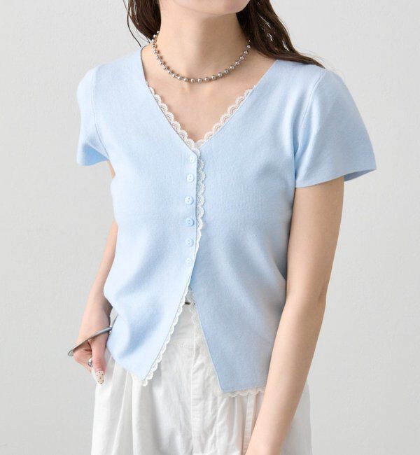  「レースライン半袖ニットカーディガン」|カーディガン|ブルー