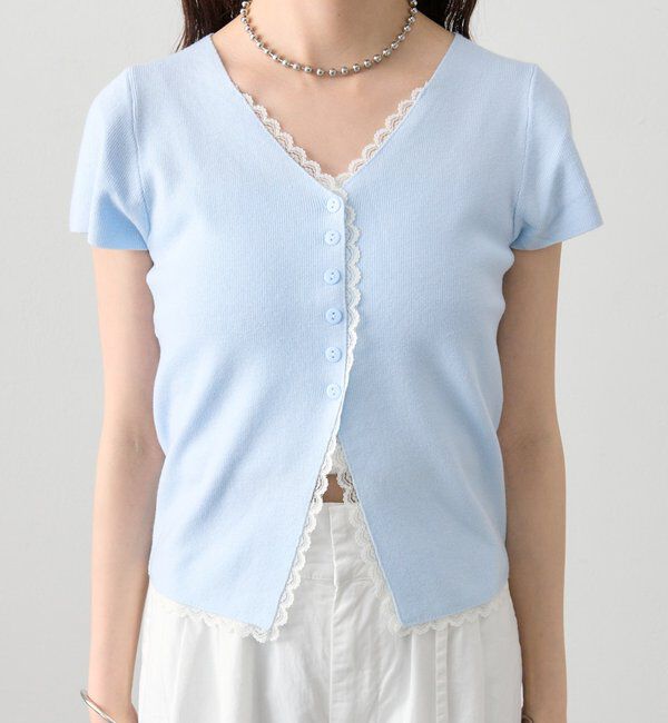  「レースライン半袖ニットカーディガン」|カーディガン|