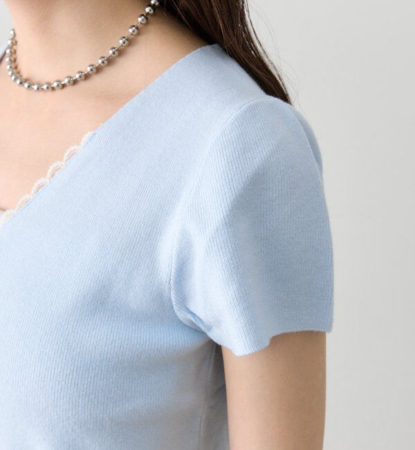  「レースライン半袖ニットカーディガン」|カーディガン|