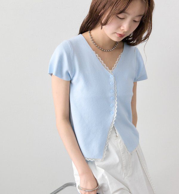  「レースライン半袖ニットカーディガン」|カーディガン|