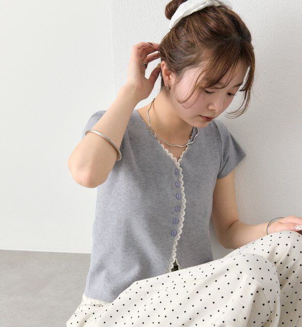  「レースライン半袖ニットカーディガン」|カーディガン|