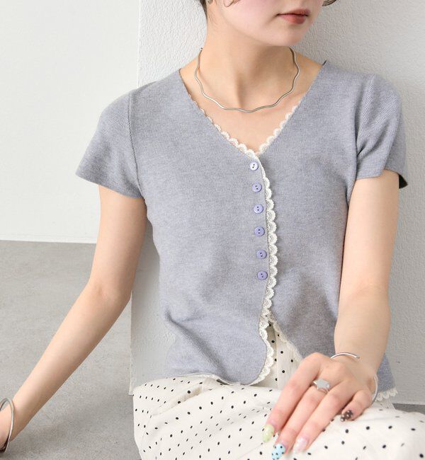  「レースライン半袖ニットカーディガン」|カーディガン|