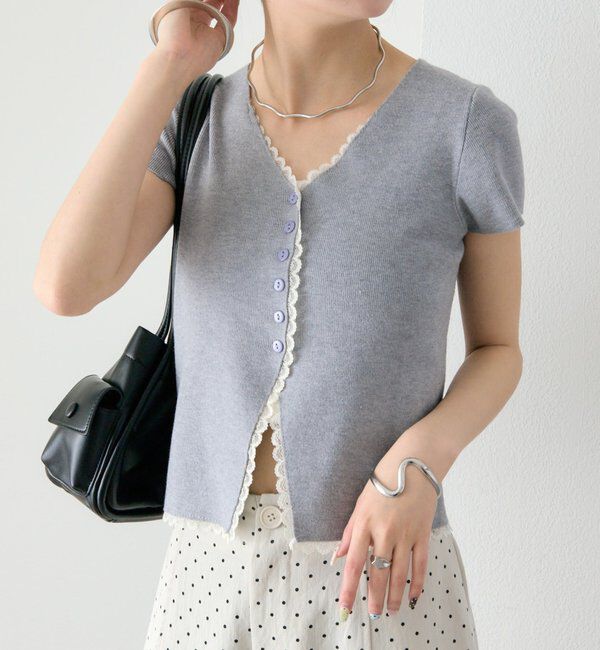  「レースライン半袖ニットカーディガン」|カーディガン|