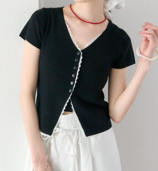  「レースライン半袖ニットカーディガン」|カーディガン|ブラック