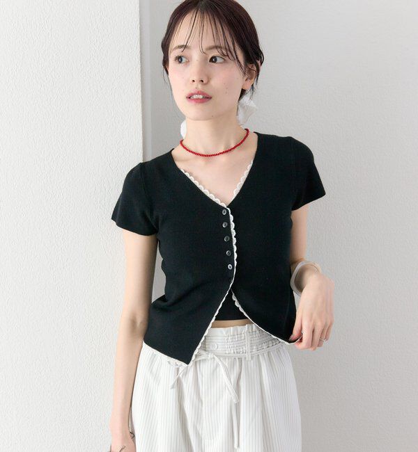  「レースライン半袖ニットカーディガン」|カーディガン|