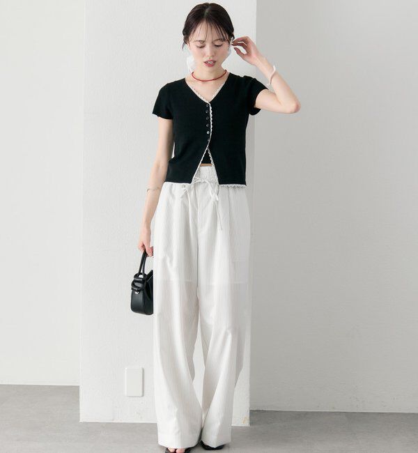  「レースライン半袖ニットカーディガン」|カーディガン|