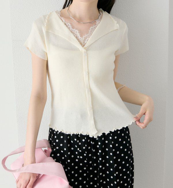  「レースドッキング半袖ニットカーディガン」|カーディガン|