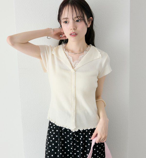  「レースドッキング半袖ニットカーディガン」|カーディガン|