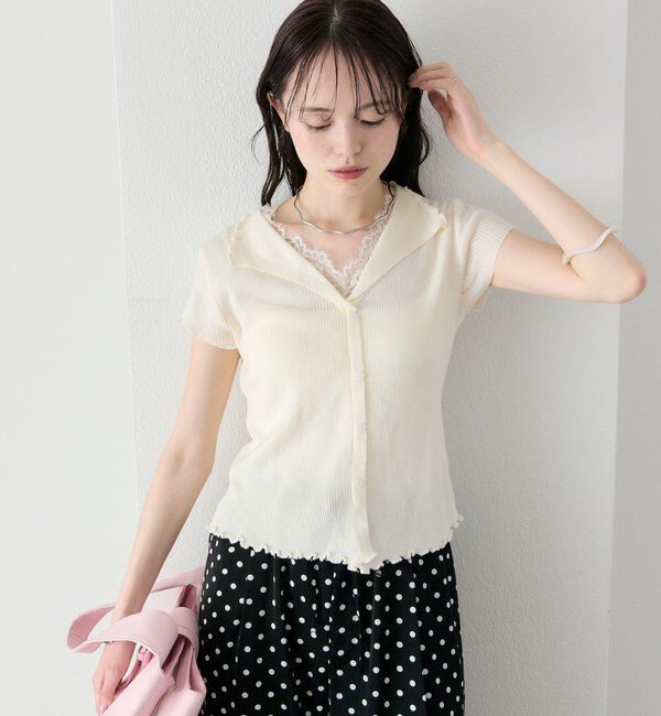  「レースドッキング半袖ニットカーディガン」|カーディガン|