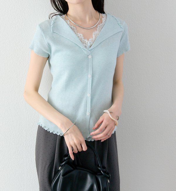  「レースドッキング半袖ニットカーディガン」|カーディガン|