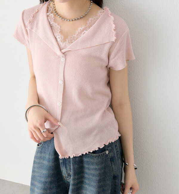  「レースドッキング半袖ニットカーディガン」|カーディガン|