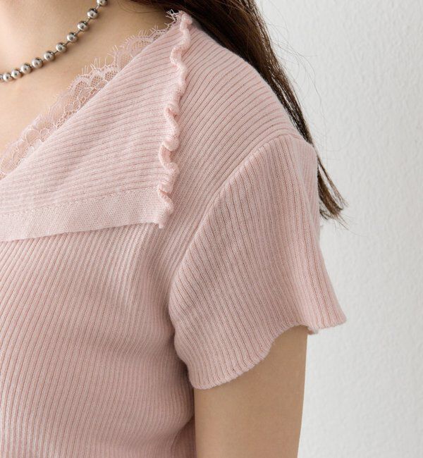 「レースドッキング半袖ニットカーディガン」|カーディガン|