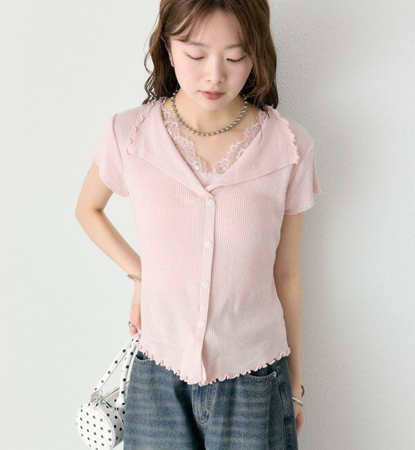  「レースドッキング半袖ニットカーディガン」|カーディガン|