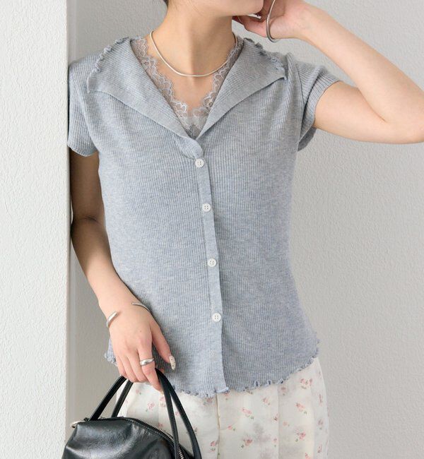  「レースドッキング半袖ニットカーディガン」|カーディガン|