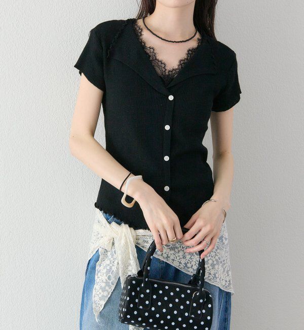  「レースドッキング半袖ニットカーディガン」|カーディガン|
