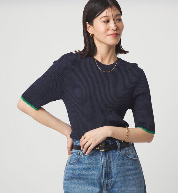 UNITED ARROWS green label relaxing「【WEB限定】＜at ease＞ソデサキ バイカラー 5分袖 プルオーバー ニット」|ニット・セーター|