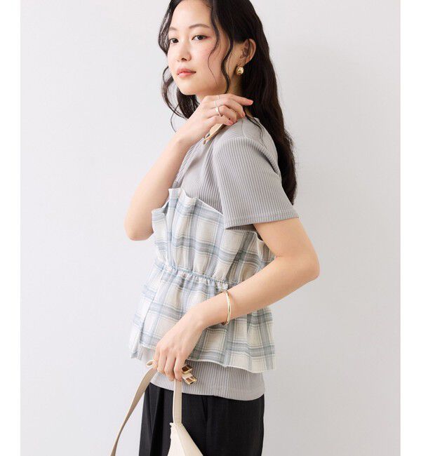 VIS「チェック＆無地ビスチェドッキング半袖プルオーバー/イージーケア」|Tシャツ・カットソー|