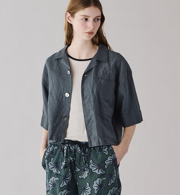 LE GLAZIK「LE GLAZIK | リネンポリエステル オープンカラー半袖シャツ WOMEN」|シャツ・ブラウス|GREY