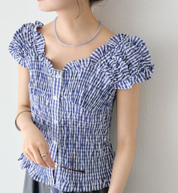  「シャーリングフレンチブラウス」|シャツ・ブラウス|ネイビー