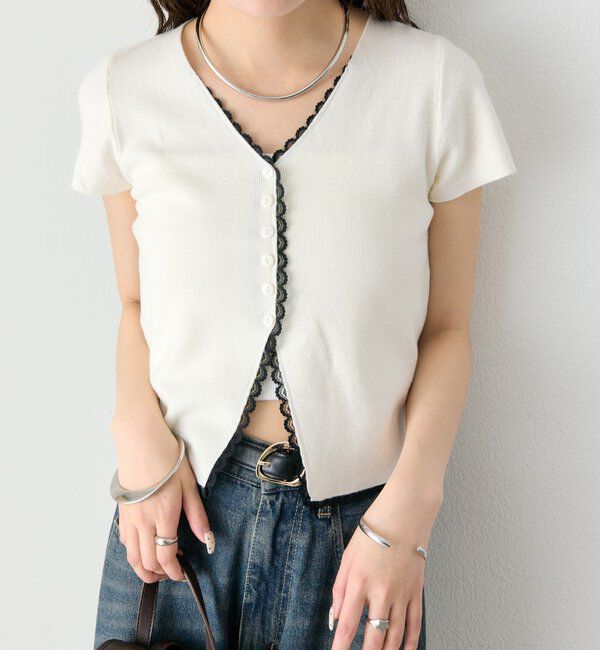  「レースライン半袖ニットカーディガン」|カーディガン|