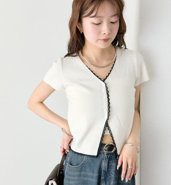  「レースライン半袖ニットカーディガン」|カーディガン|