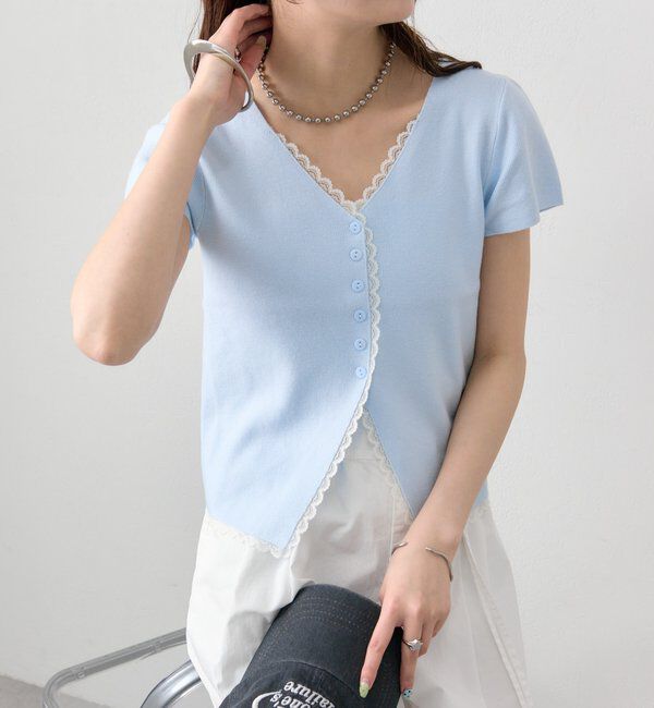  「レースライン半袖ニットカーディガン」|カーディガン|