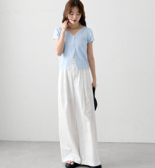  「レースライン半袖ニットカーディガン」|カーディガン|