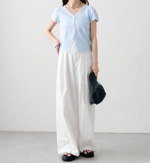  「レースライン半袖ニットカーディガン」|カーディガン|