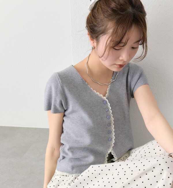  「レースライン半袖ニットカーディガン」|カーディガン|