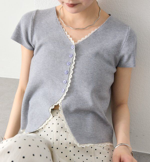  「レースライン半袖ニットカーディガン」|カーディガン|