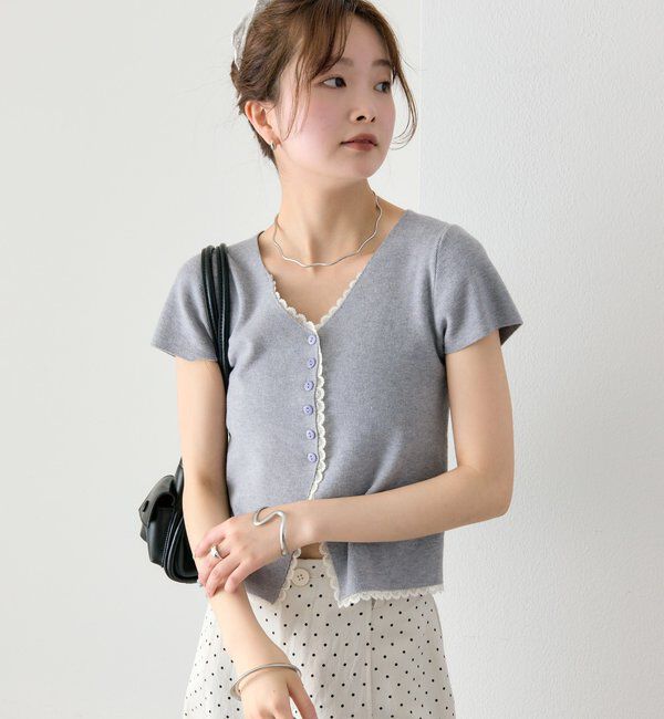  「レースライン半袖ニットカーディガン」|カーディガン|