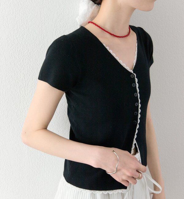  「レースライン半袖ニットカーディガン」|カーディガン|