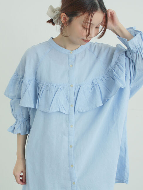 Samansa Mos2「切替フリルチュニック」|シャツ・ブラウス|ブルー