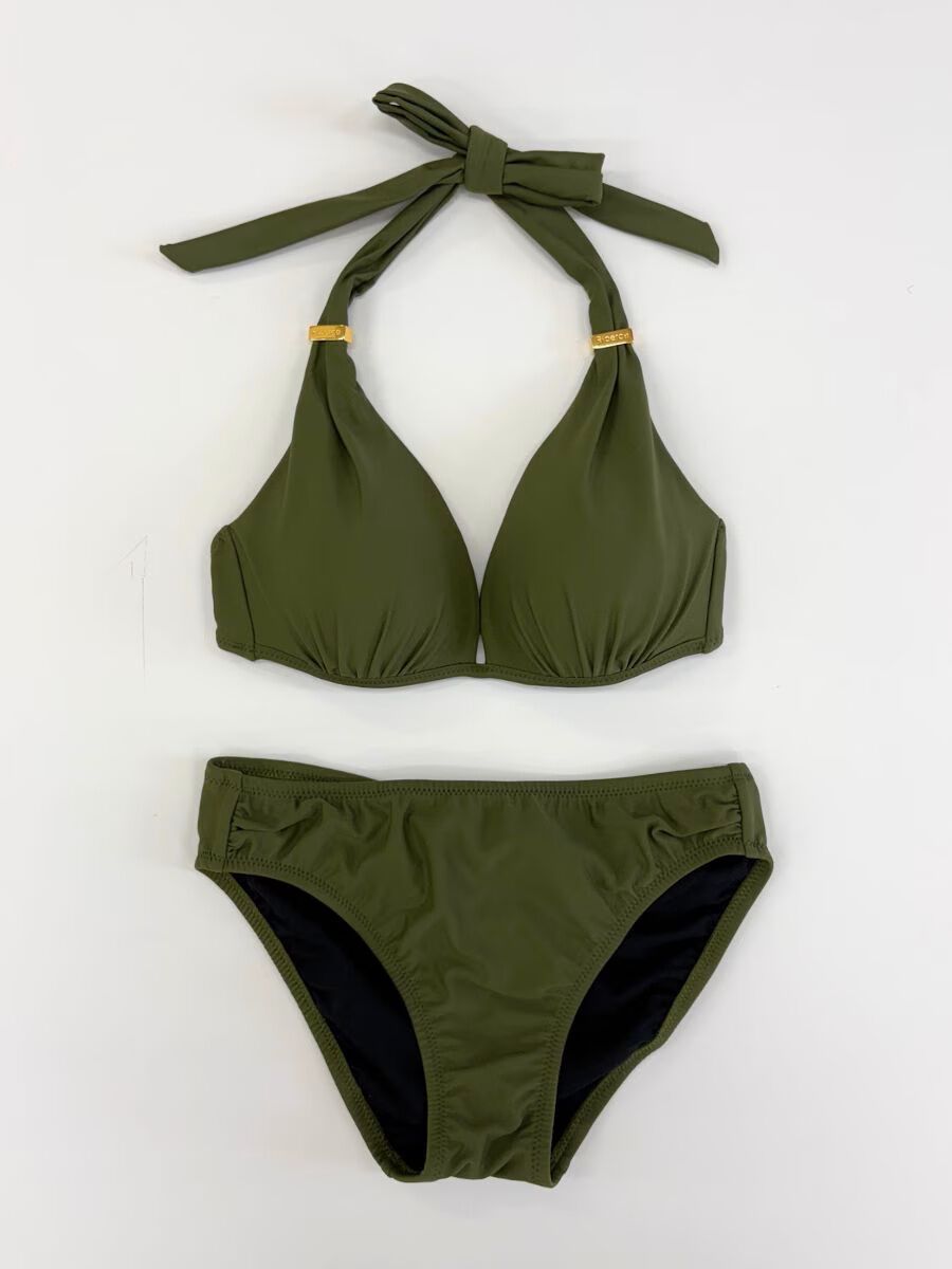 Riberce「【新作水着】無地サッシュホルターネックビキニ」|ビキニ|カーキ