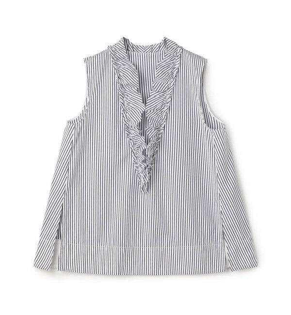 MACPHEE「【WEB先行予約】コットンタイプライター フリルノースリーブブラウス」|シャツ・ブラウス|68 ネイビー系