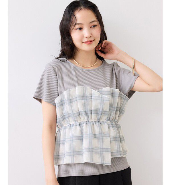 VIS「チェック＆無地ビスチェドッキング半袖プルオーバー/イージーケア」|Tシャツ・カットソー|