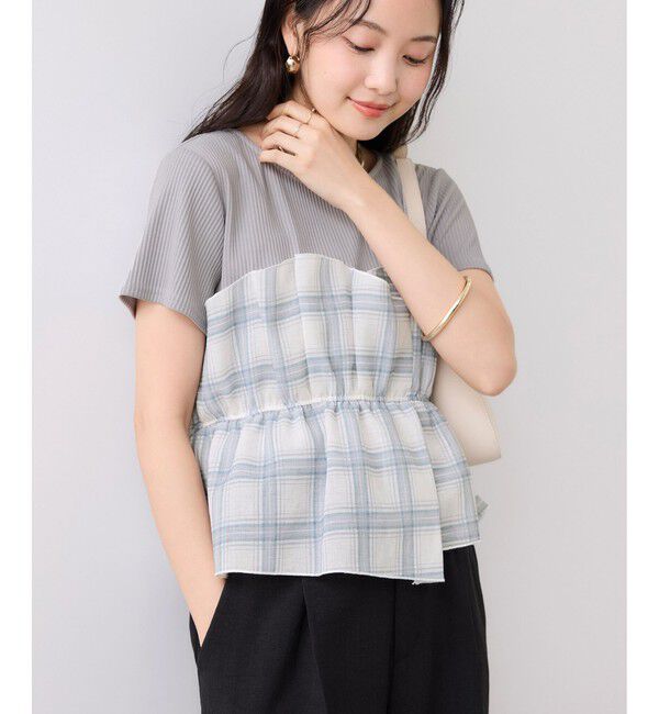 VIS「チェック＆無地ビスチェドッキング半袖プルオーバー/イージーケア」|Tシャツ・カットソー|グレー(07)