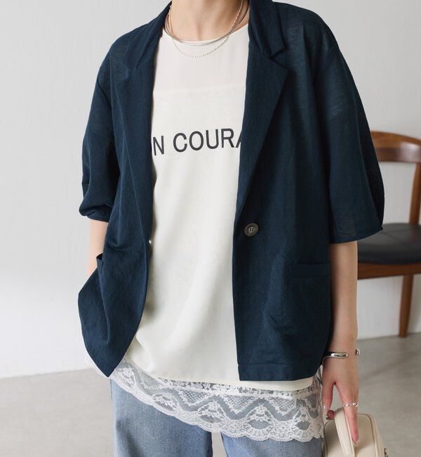  「【冷房/紫外線対策/カットソー生地】シアーハーフスリーブカットジャケット」|Tシャツ・カットソー|