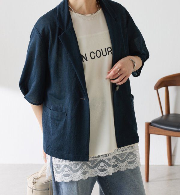  「【冷房/紫外線対策/カットソー生地】シアーハーフスリーブカットジャケット」|Tシャツ・カットソー|