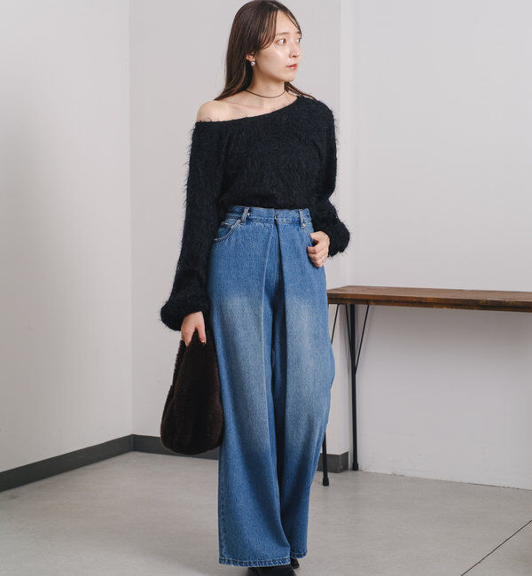  「【3サイズ】デニムタックワイドパンツ」|デニム|