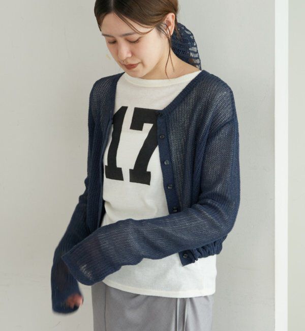  「バックデザインペーパーメッシュカーディガン」|カーディガン|ネイビー