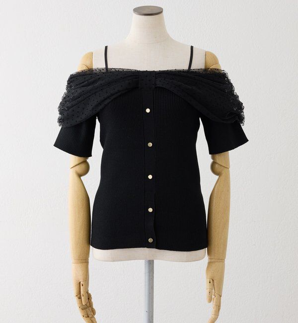  「リボンチュールオフショルニット」|カーディガン|ブラック