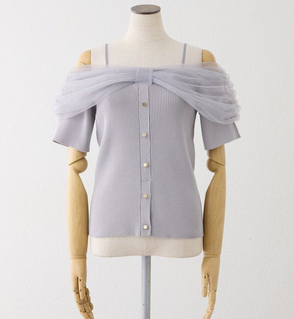  「リボンチュールオフショルニット」|カーディガン|サックスブルー