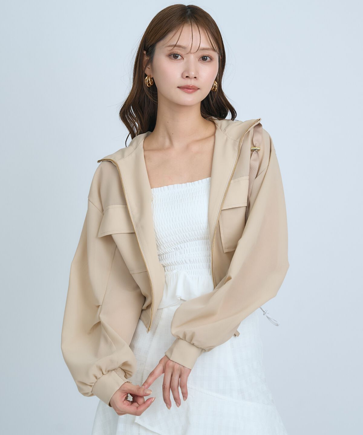 アンドクチュール「シアーフーディーブルゾン」|ブルゾン・スタジャン|ベージュ