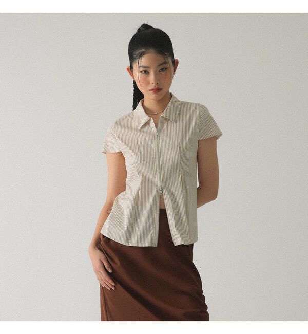 Ray BEAMS 「ストライプ ジップ シャツ ハーフスリーブ」|シャツ・ブラウス|