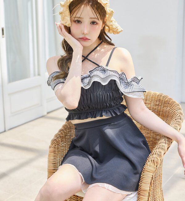  「swimwear/フリルオフショル＋フレアミニスカート(3点セット)」|その他|ブラック