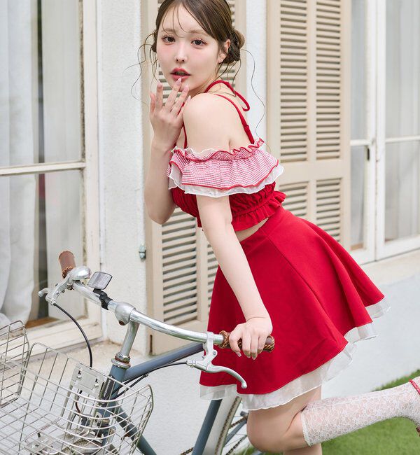  「swimwear/フリルオフショル＋フレアミニスカート(3点セット)」|その他|レッド