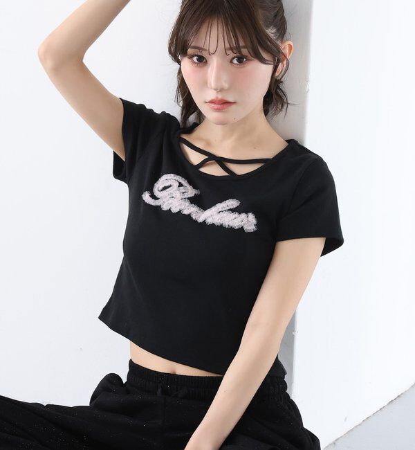  「ホルターネック付きチュールロゴＴシャツ」|プルオーバー|ブラック